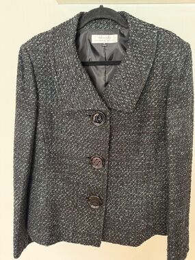 Tahari Charcoal Black Tweed Button-Front Blazer